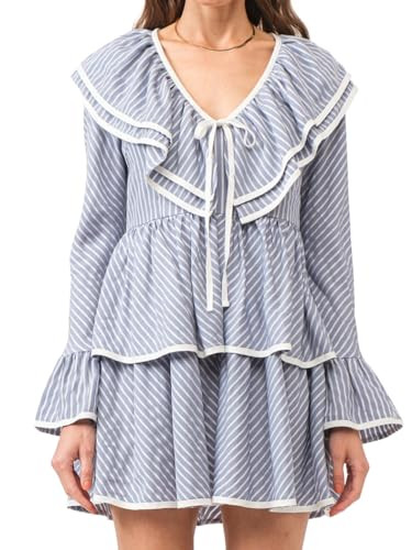 CUFEZN Womens 2026 Summer Ruffle Mini Dress Tiered V-Neck Contrast Striped Party Casual Long Slee... | Amazon (US)