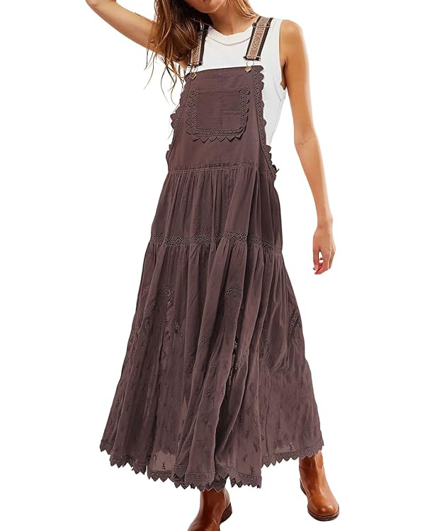 Women's Casual Lace Embroidered Maxi Dress Adjustable Strap Pleated Tiered Swing Long Dress with ... | Amazon (US)