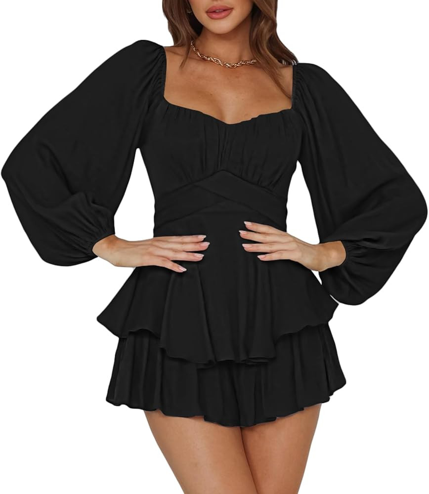 Fixmatti Women off Shoulder Rompers Lantern Long Sleeve Ruffle Tie Mini Shorts Jumpsuit | Amazon (US)