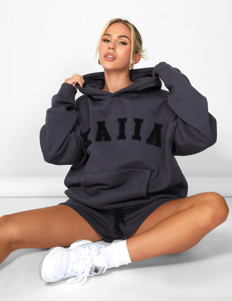 Kaiia Slogan Oversized Hoodie Dark Grey | Public Desire