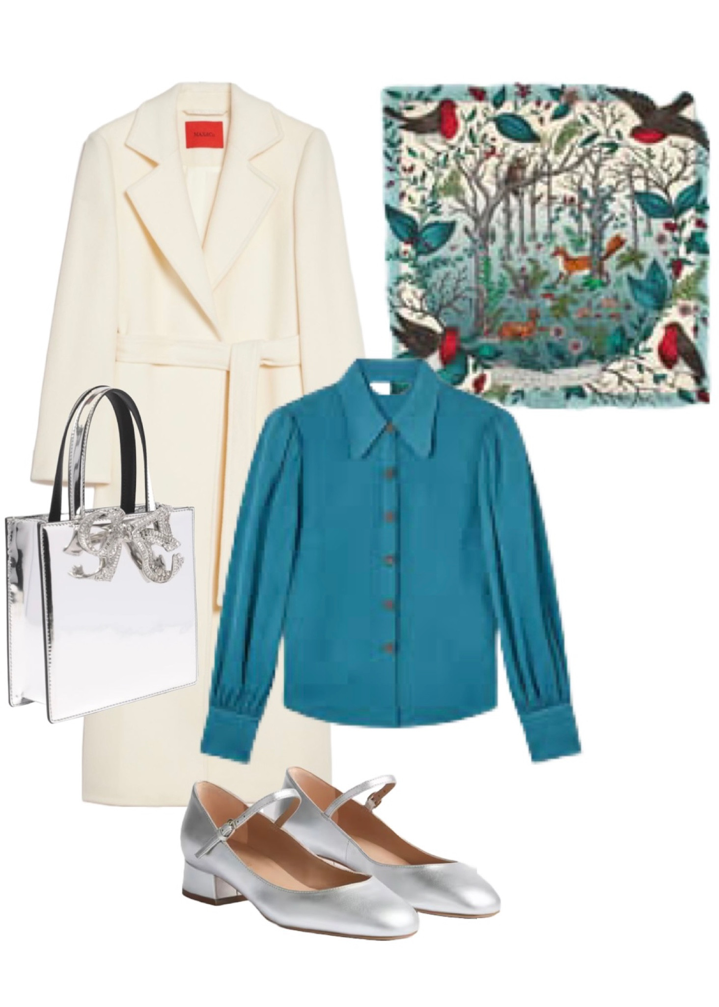 Winter wonderland outfit inspo! ❄️ We all love a red Christmas outfit, but you’re more likely to turn heads  in this pretty, frosty ensemble! Sonya Teal Blouse (SALE) and Beatrix Silver Mary Janes (NEW) both LK Bennett, Silver Mini Tote Bag by Self Portrait from Cettire (SALE), Robin silk scarf in teal from Aspinal of London who have 25% off with a further 10% off today! Finally, the gorgeous belted cream / ivory / winter white coat is by Max & Co. I’ve also added other options on my product list ❄️🤍🎄

#LTKuk #LTKWinterSale #LTKeurope
