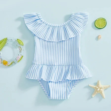 FASHOFT Baby Girl Swimsuit Cute One Piece Bathing Suit Ruffles Swimwear Toddler Kids Swim Suit for Beach Poor Sky Blue | Walmart (US)