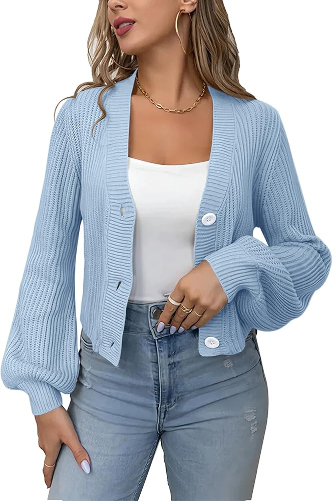 Womens Puff Sleeve Cardigan Long Sleeve Open Front Button Down Knit Sweaters | Amazon (US)