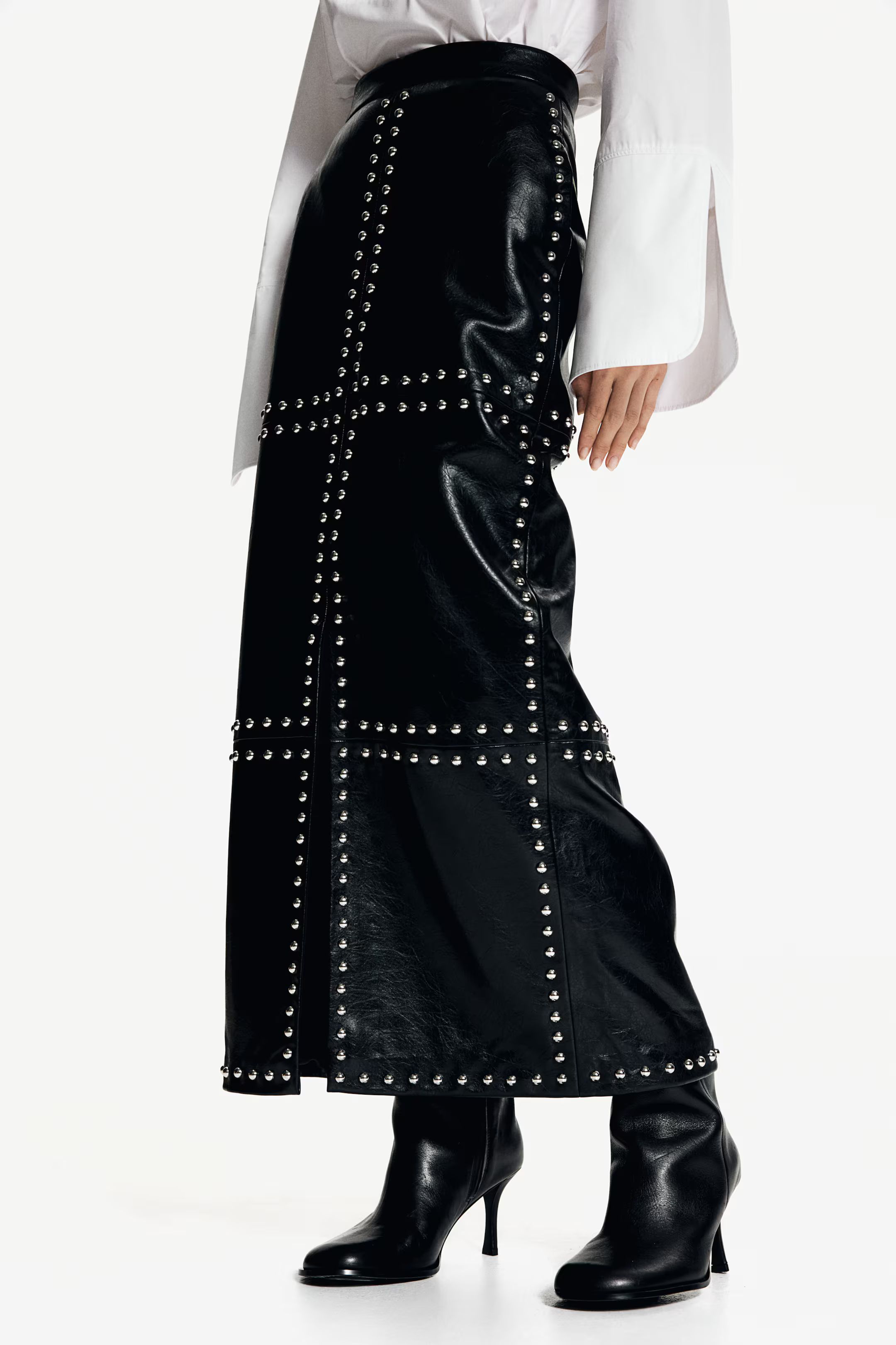 Stud-Embellished Coated Skirt - High waist - Midi - Black - Ladies | H&M US | H&M (US + CA)