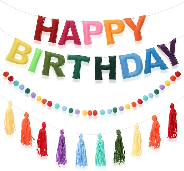 Pre-Strung Happy Birthday Banner Rainbow Decorations Felt Ball Garland Happy Birthday Sign for Pa... | Amazon (US)