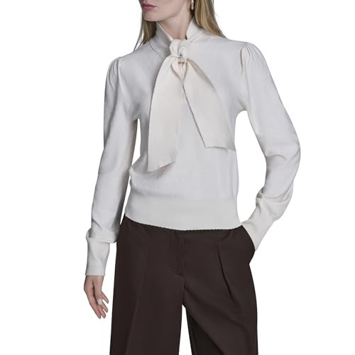 BCBG Women's Elegant Tie Neck Sweater with Scalloped Cuffs, Whisper White | Amazon (US)
