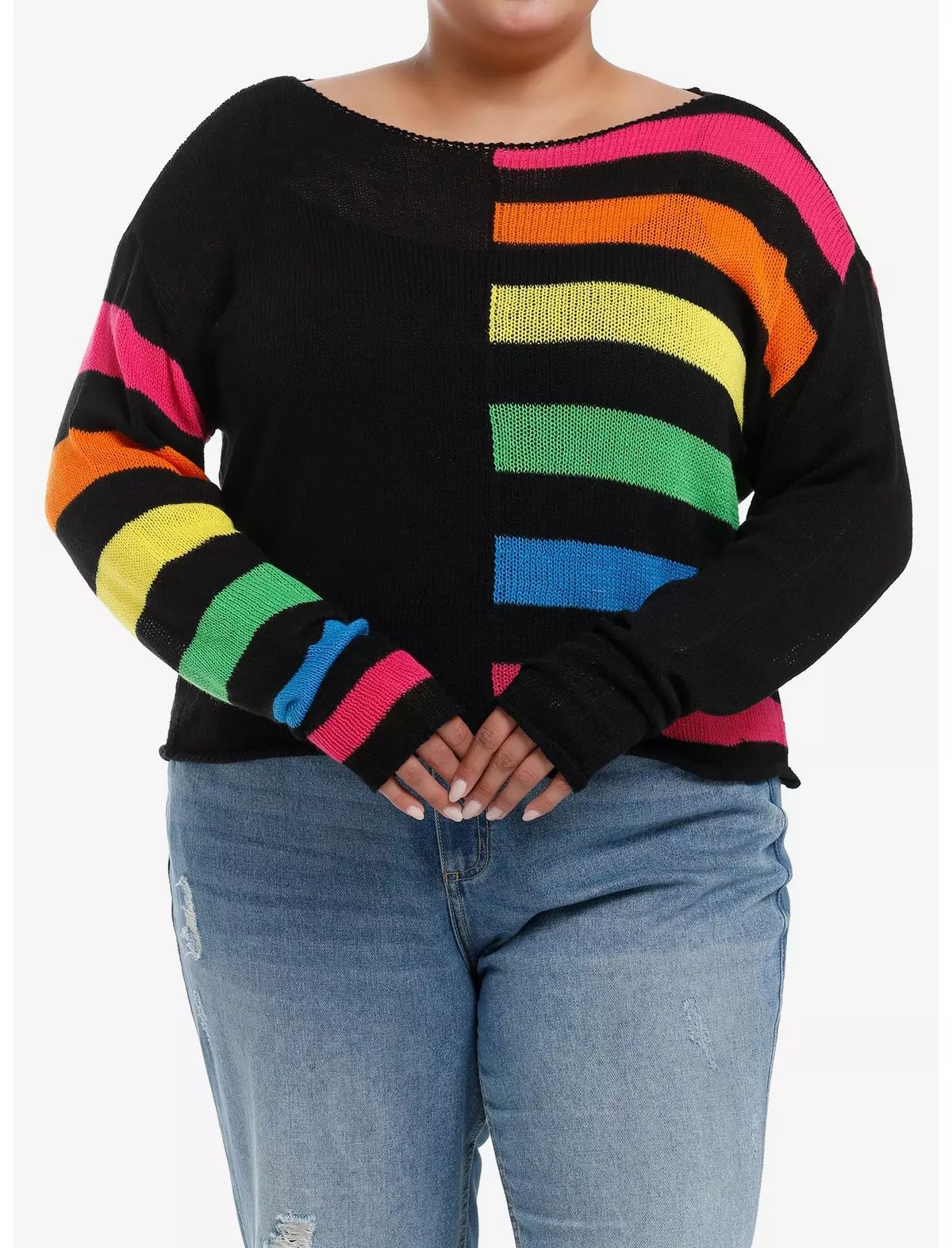 Social Collision Split Rainbow Boxy Knit Sweater Plus Size | Hot Topic