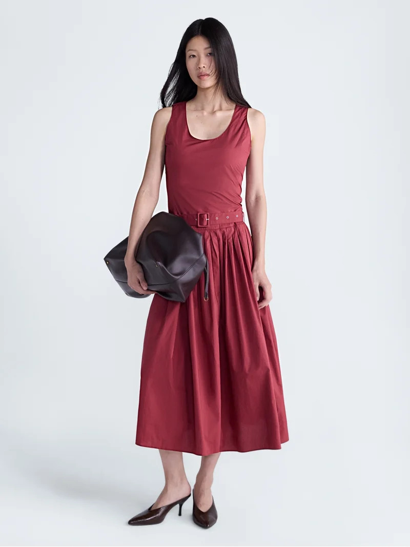 Scoop Women\u2019s Belted Pleated Cotton Maxi Dress, Sizes XS-XXL | Walmart (US)