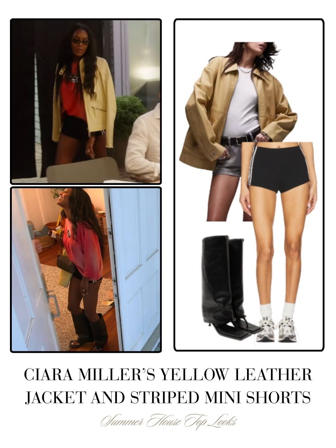Ciara Miller’s Yellow Leather Jacket and Striped Mini Shorts 