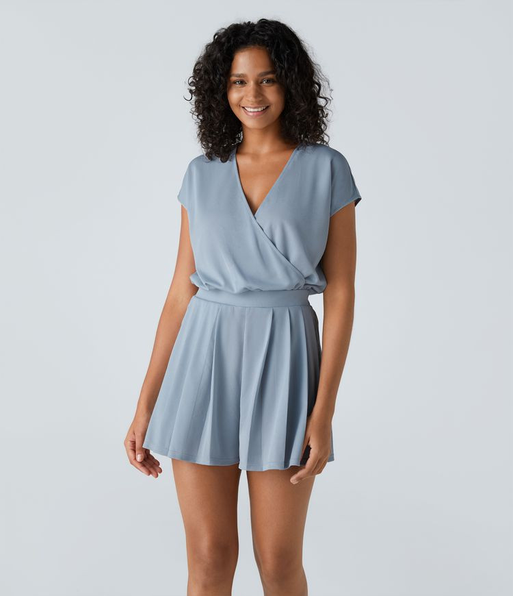 Women’s V Neck Short Sleeve Plicated Side Pocket Flowy Waffle Casual Jumpsuit - Halara | HALARA