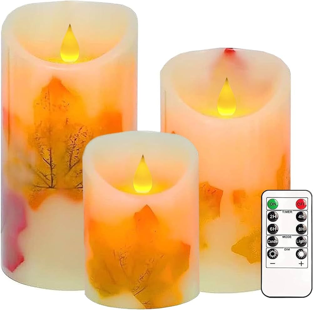 Flameless Candles Lights, Set of 3 Maple Leaf Flickering LED Candles with Remote & Timer, Dimmabl... | Amazon (US)