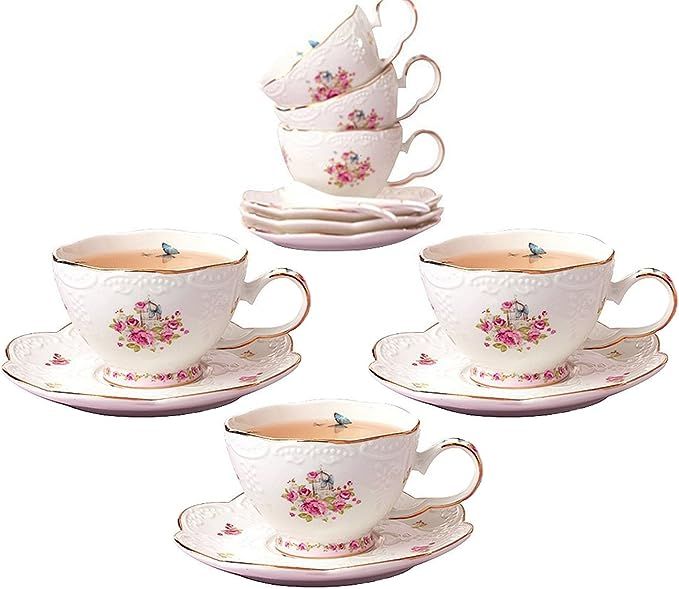 Jusalpha® 7 Oz Porcelain Tea Sets Flower Series Tea Cup and Saucer Set-Coffee Cup Set with Sauce... | Amazon (US)