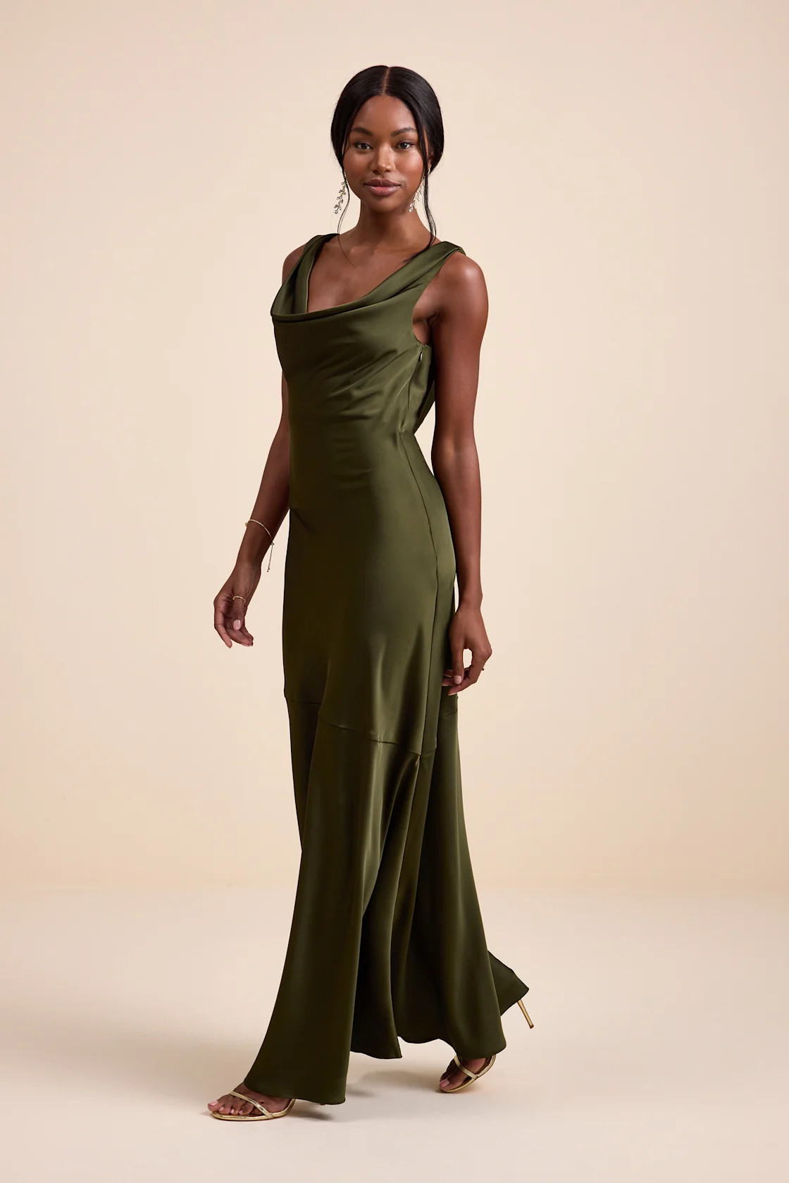 Aernah Olive Satin Cowl Tie-Back Slip Maxi Dress | Lulus