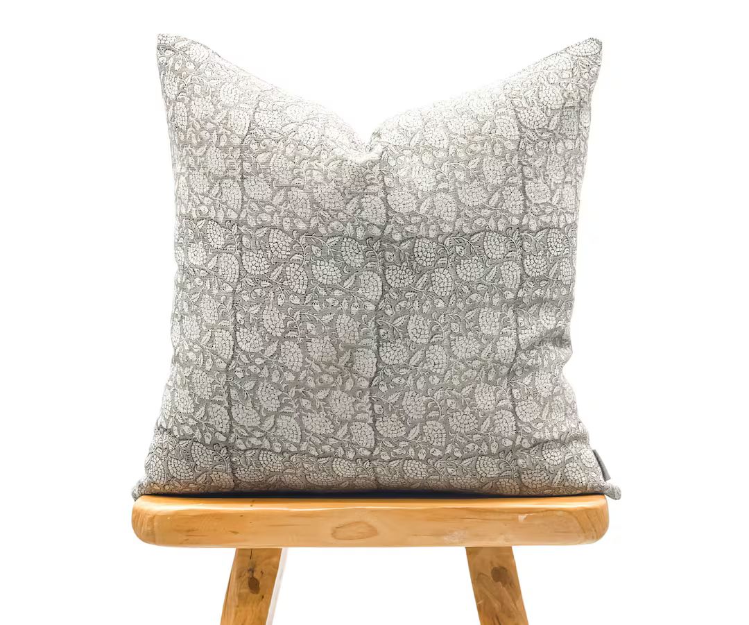 Designer Floral Soft Grey on Natural Linen Pillow Cover, Grey Pillow cover, Boho Pillow, Decorati... | Etsy (US)