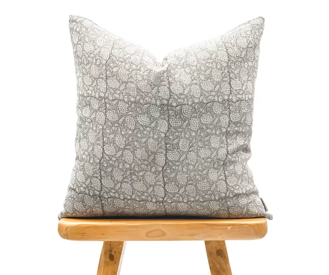 Designer Floral Soft Grey on Natural Linen Pillow Cover, Grey Pillow cover, Boho Pillow, Decorati... | Etsy (US)