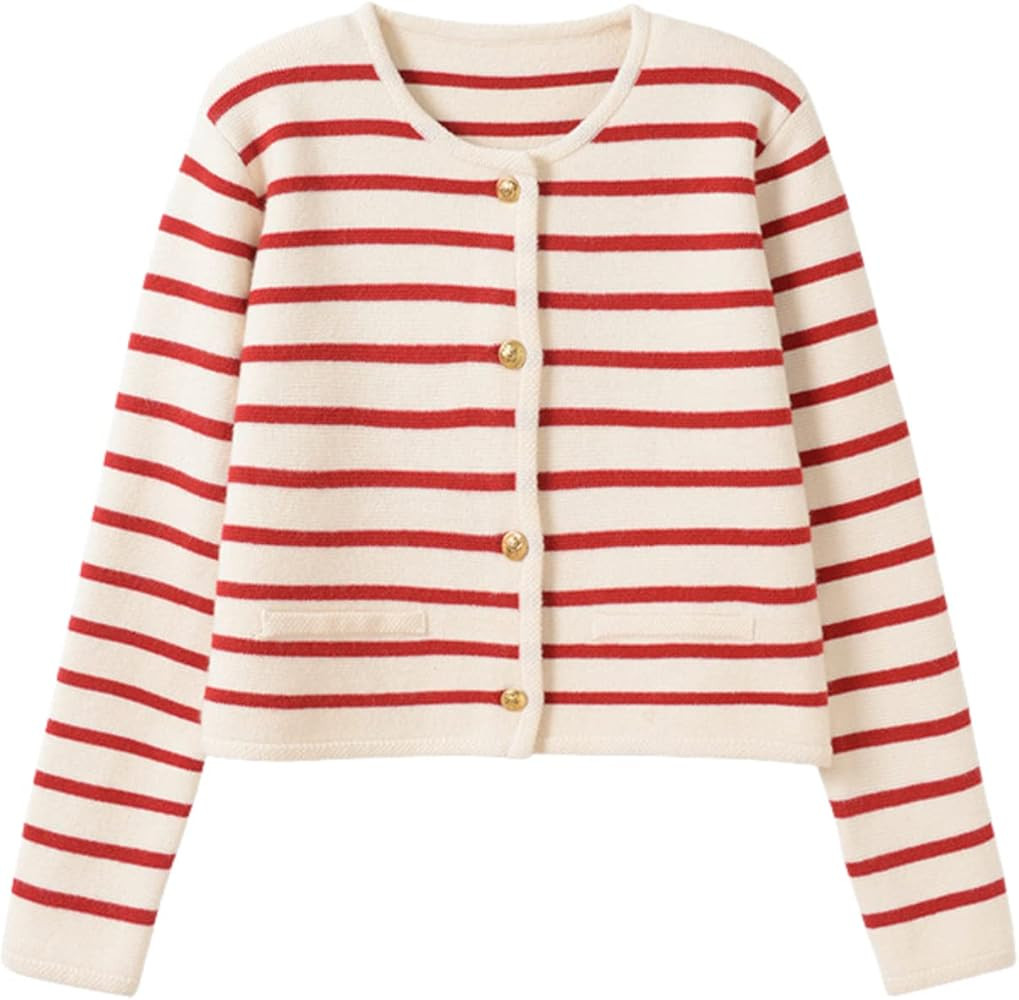 2023 Women's Long Sleeve Striped Sweater Button Cardigan Knitted Open Coat Outwear with Pockets | Amazon (US)
