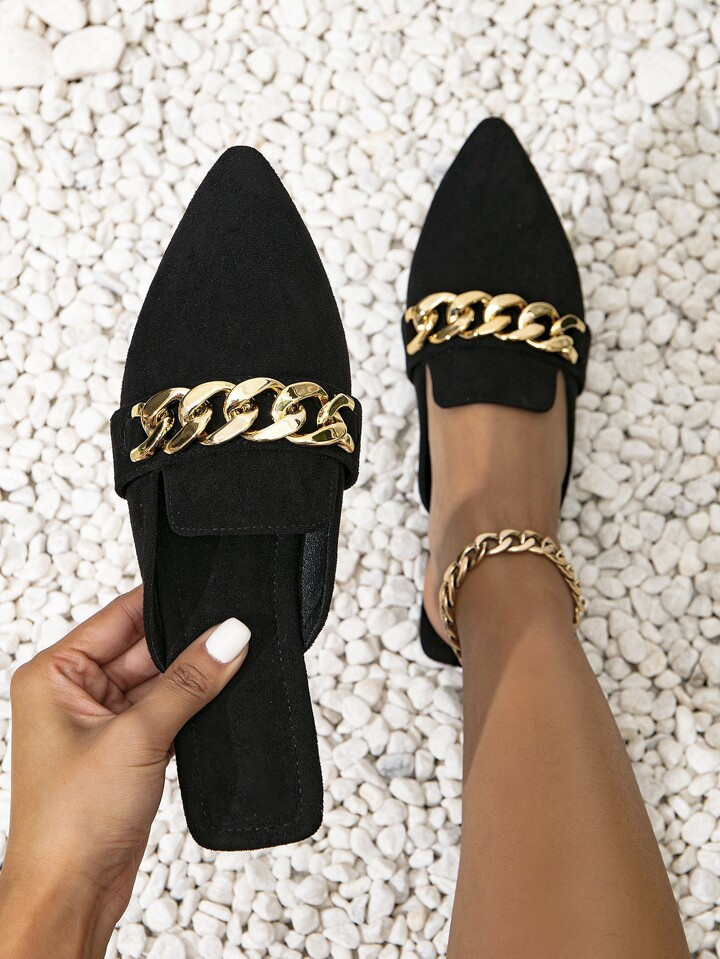 Women Chain Decor Point Toe Flats Fashion Black Mule Flats | SHEIN