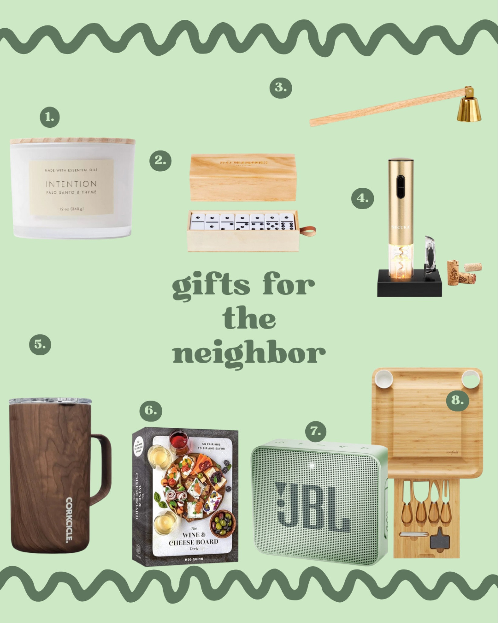 Gifts for the neighbor, candle, dominos, wine opener, candle snuffer, coffee mug, charcuterie cards, Bluetooth speaker, charcuterie board 

#LTKSeasonal #LTKGiftGuide #LTKHoliday