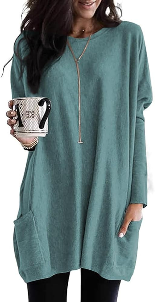 Poetsky Fall Womens Tunic or Tops to Wear with Leggings Long Sleeve Casual Long Shirts with Pocke... | Amazon (US)