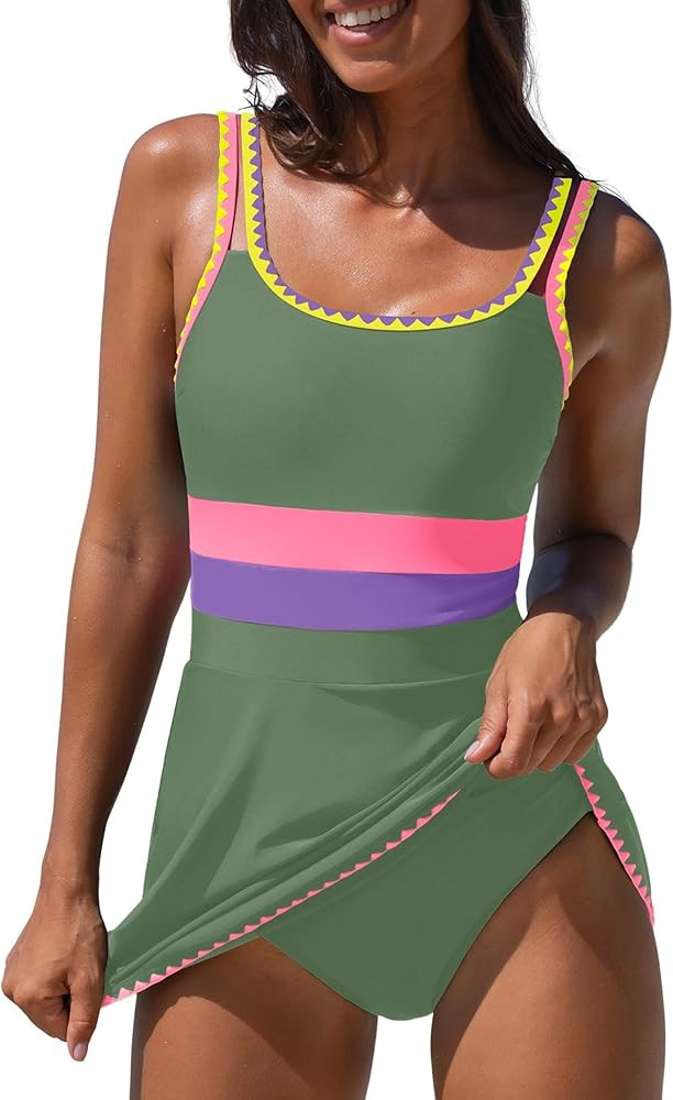 popvil Women One Piece Swimsuit 2026 Tummy Control Bathing Suit Neon Modest Swim Dress with Skirt... | Amazon (US)