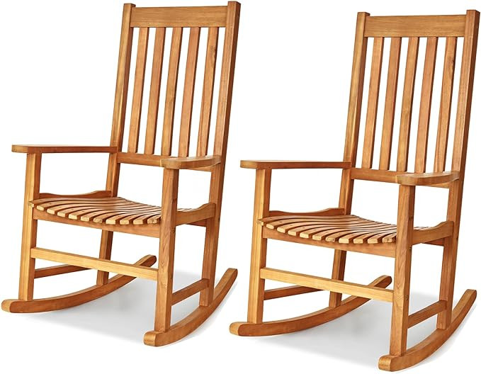 Tangkula Acacia Wood Porch Rocking Chair Set, Wooden Rocking Chair Rocker with High Back & Armres... | Amazon (US)