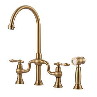 Double Handle High-Arc Deck Mounted Bridge Kitchen Faucet Side Sprayer in Gold | The Home Depot