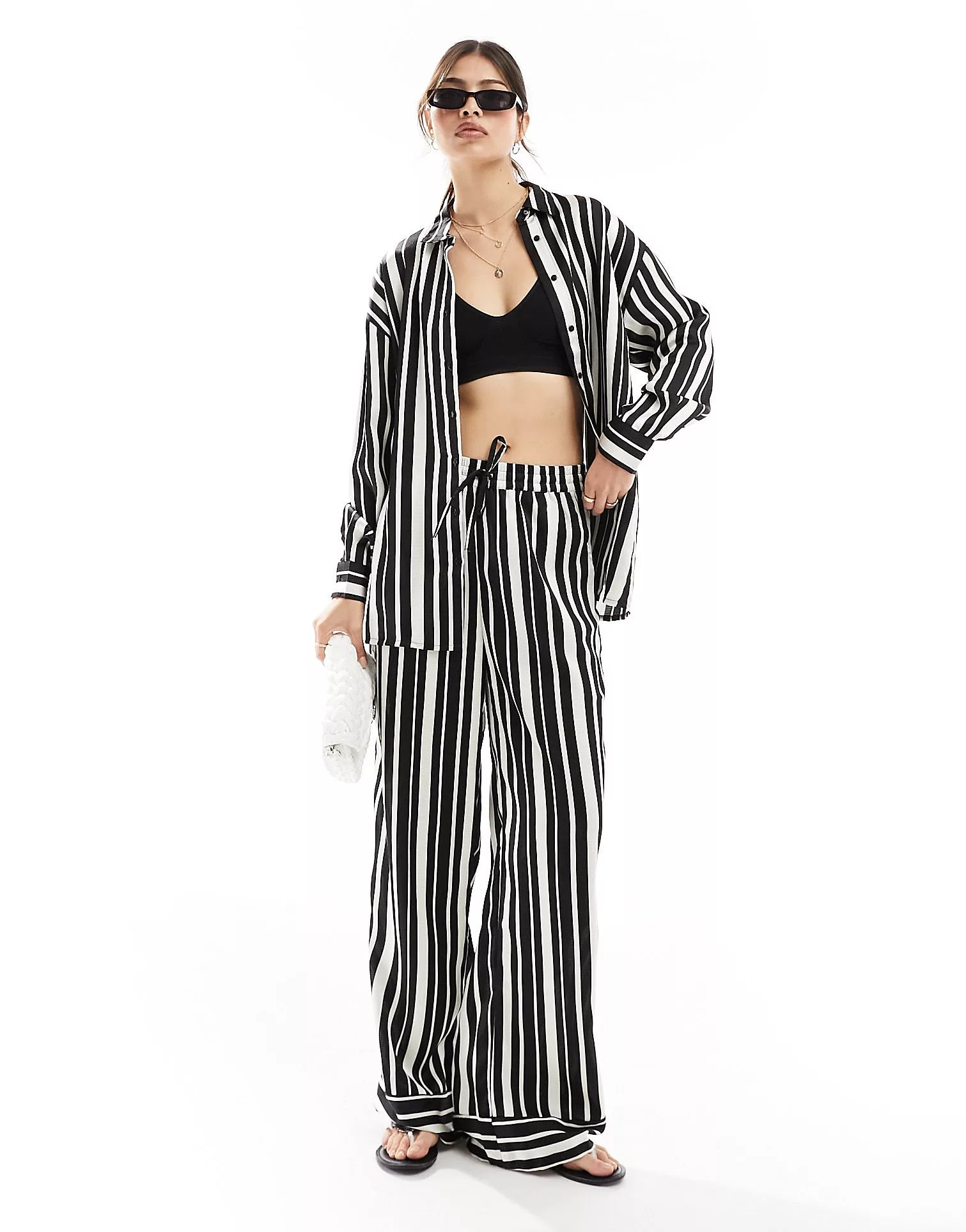 ONLY wide leg trousers in black and white stripe | ASOS (Global)