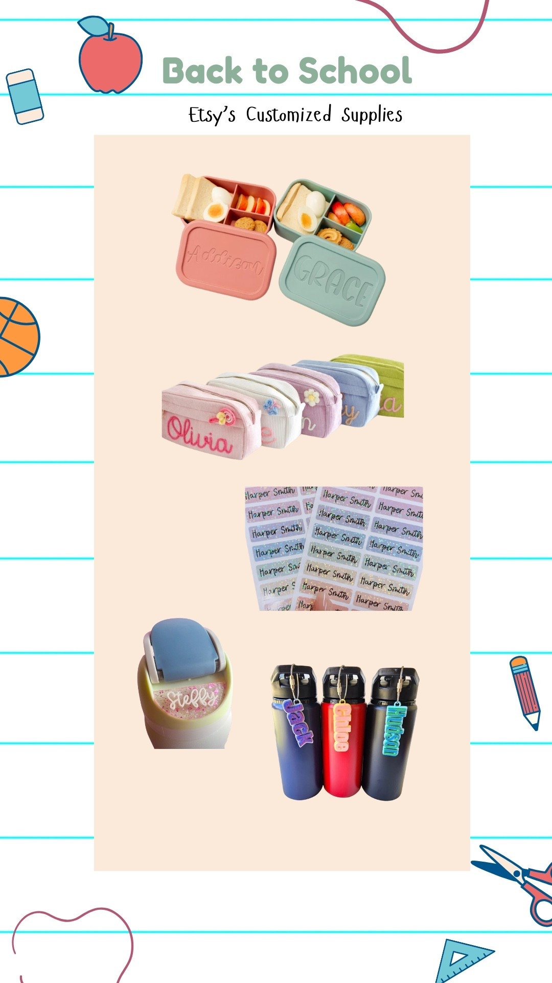 Customizable school supplies from Etsy. Key chains, pencil pouches, water bottle name tags, and bento boxes!

#LTKKids #LTKFamily #LTKHome