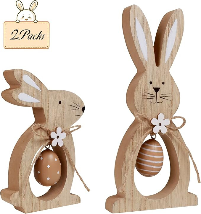 2Pcs Easter Decorations for the Home Farmhouse Rustic Wooden Bunny with Egg Easter Tiered Tray De... | Amazon (US)