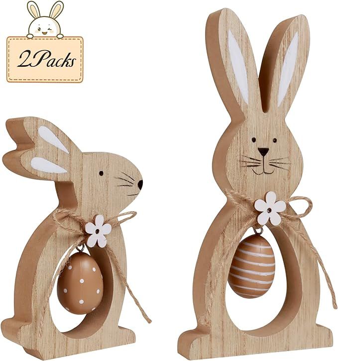 2Pcs Easter Decorations for the Home Farmhouse Rustic Wooden Bunny with Egg Easter Tiered Tray De... | Amazon (US)