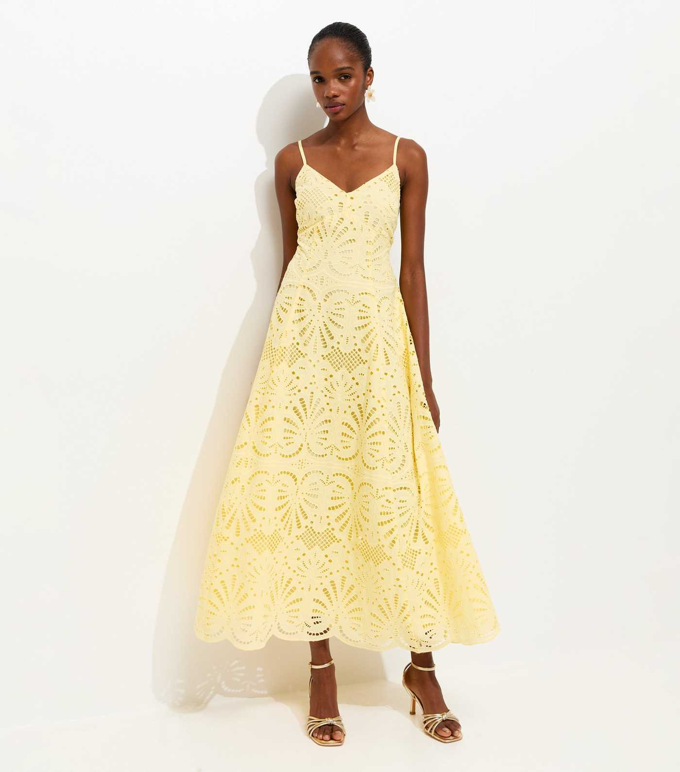 Yellow Cutwork Strappy Midi Dress | New Look | New Look (UK)