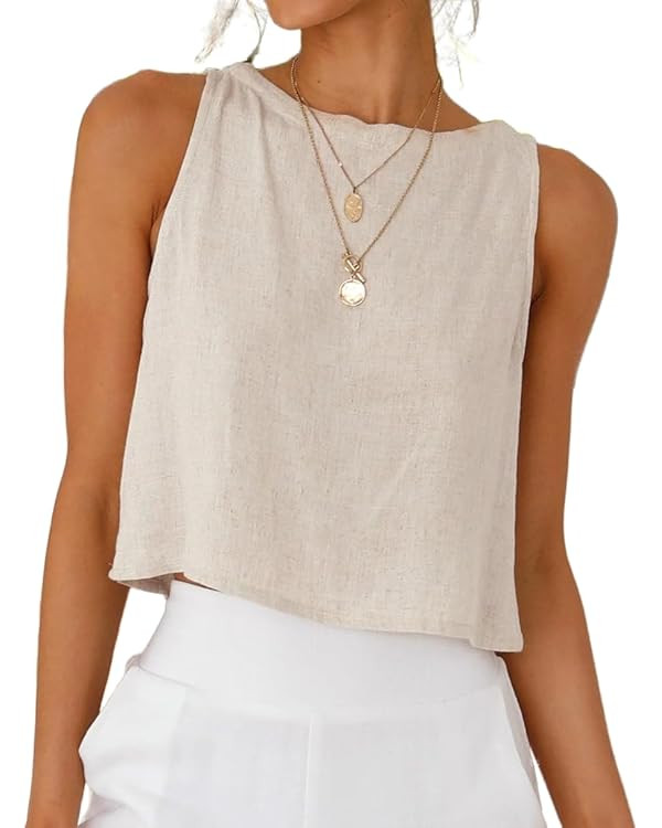 IDEALSANXUN Womens Linen Crop Tank Tops Cute Summer Sleeveless Cropped Cotton Linen Tops | Amazon (US)