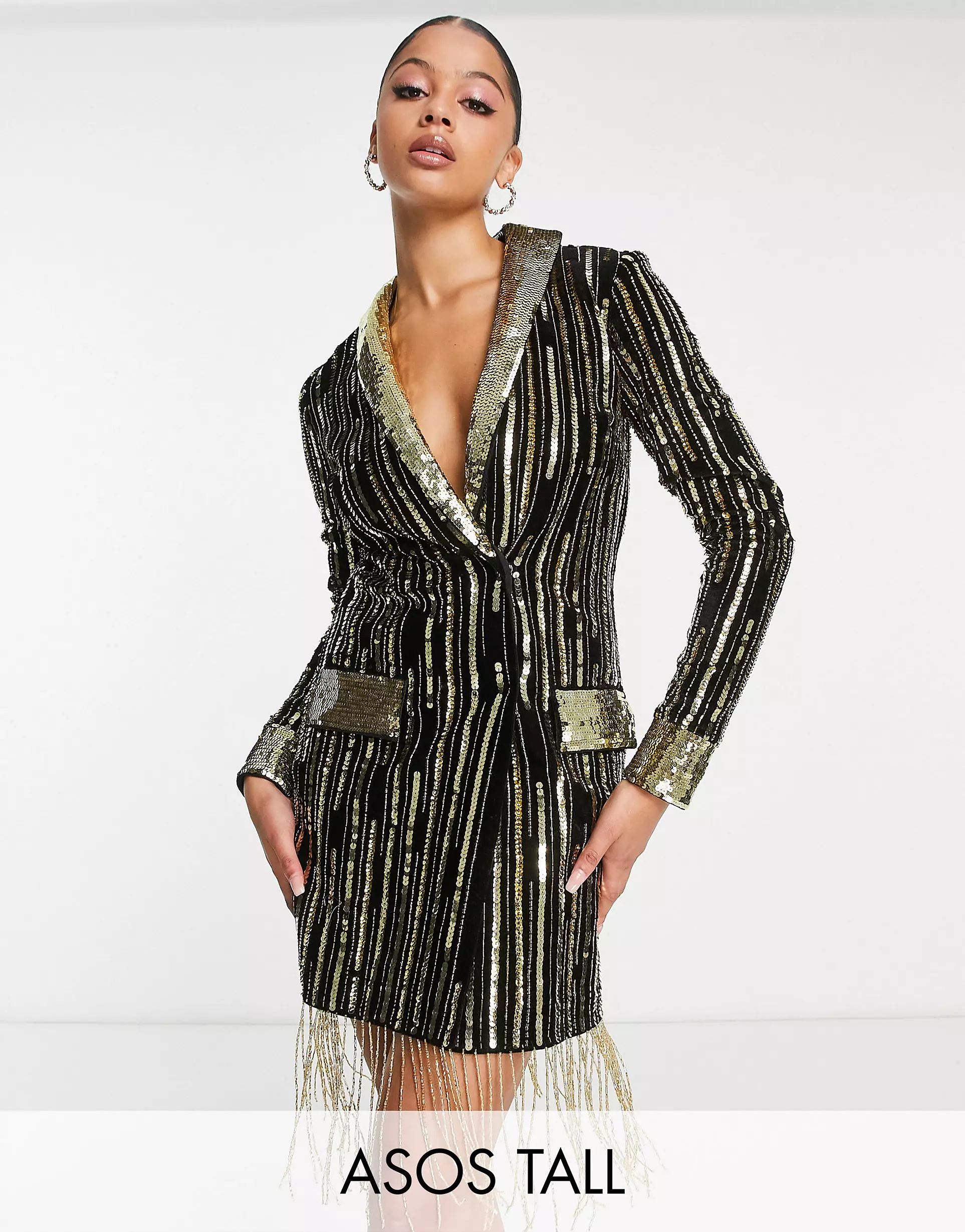 ASOS DESIGN Tall velvet embellished mini blazer dress in black and gold sequin | ASOS (Global)