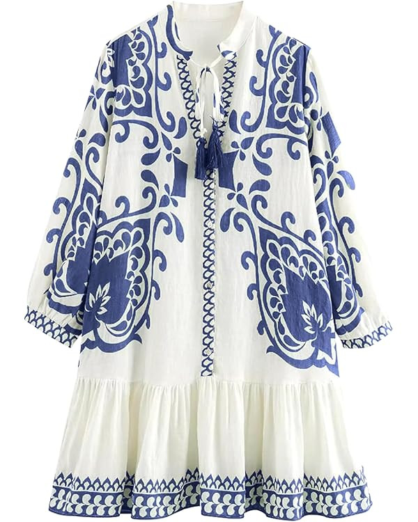 Women's Bohemian Dress Summer Floral Print Pleated Long Sleeve Mini Dresses Casual Button Down V ... | Amazon (US)