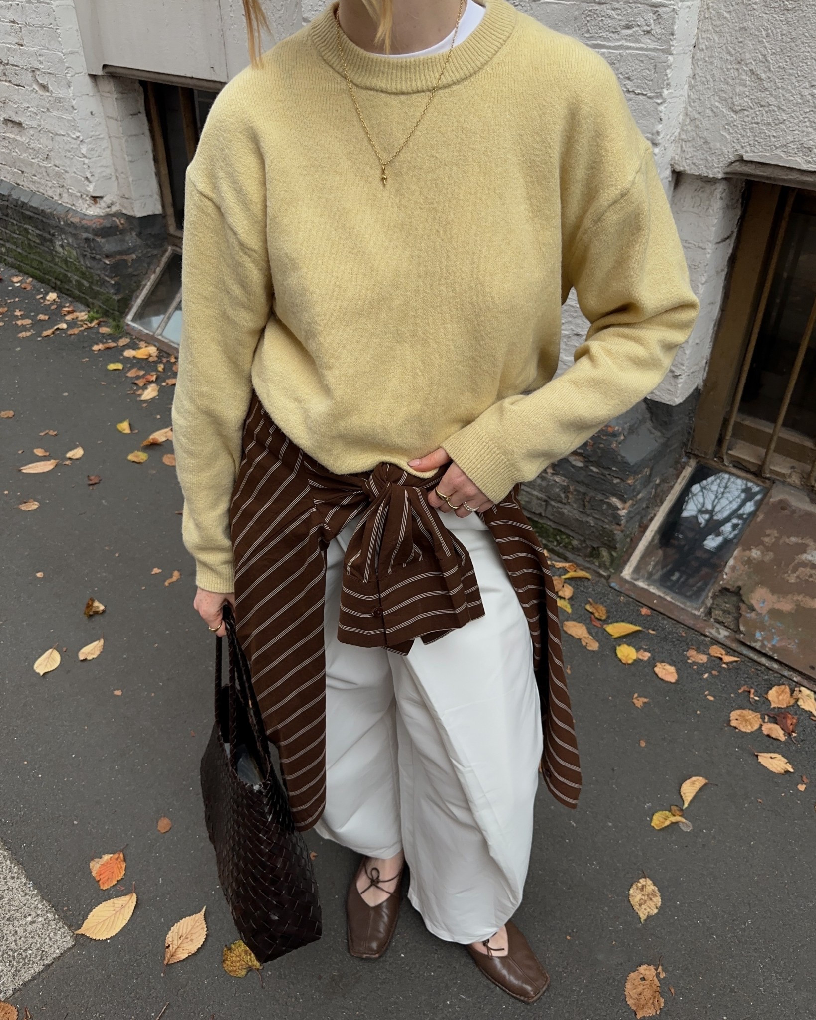 Yellow Jumper, White Trousers, Brown Shirt, H&M, Alohas, Ballet Flats, Knitwear 

#LTKuk #LTKautumn #LTKwinter