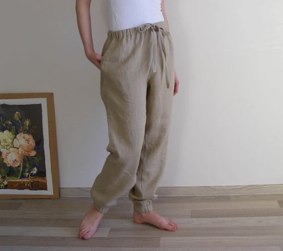 Women Linen Jogger Pants in Beige | Etsy | Etsy (US)