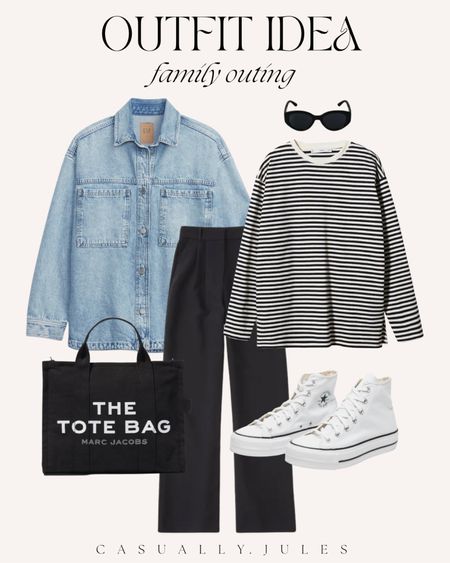 Outfit idea: spring family outing! Denim shirt jacket (now trending) paired with a striped tee & trousers for a comfy yet put together look! 

#LTKstyletip #LTKunder100 #LTKunder50