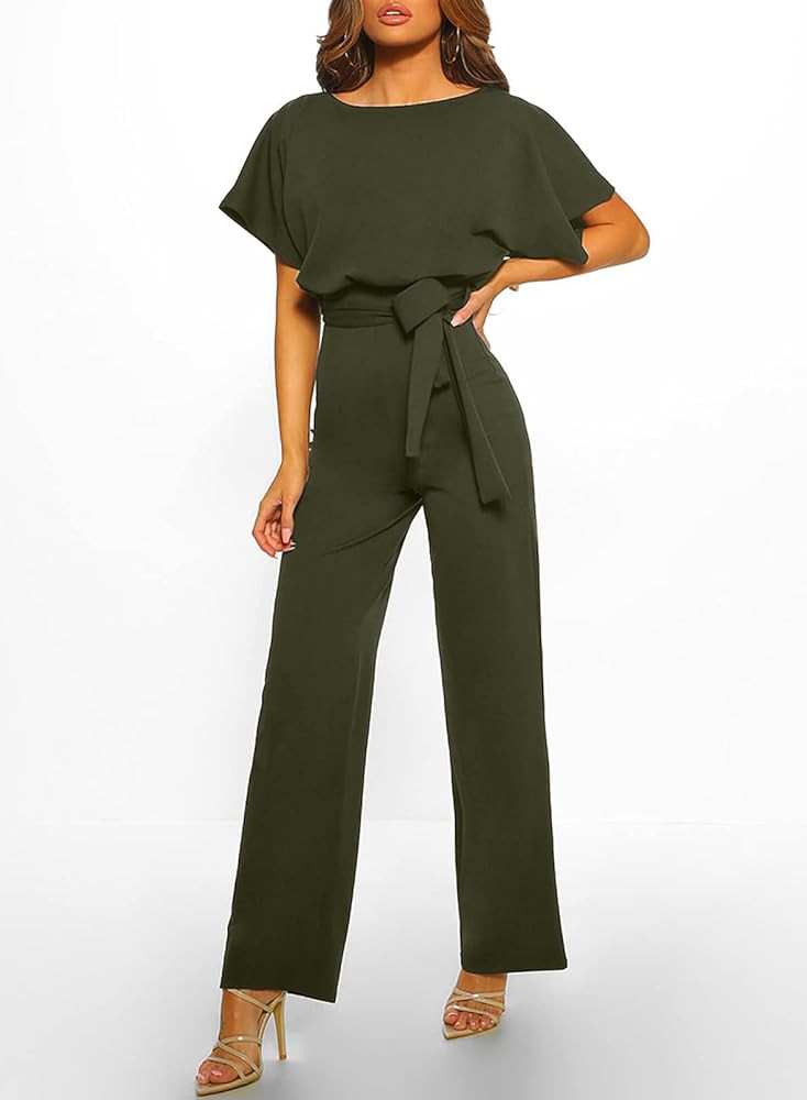 Happy Sailed Women Casual Loose Short Sleeve Belted Wide Leg Pant Romper Jumpsuits | Amazon (US)