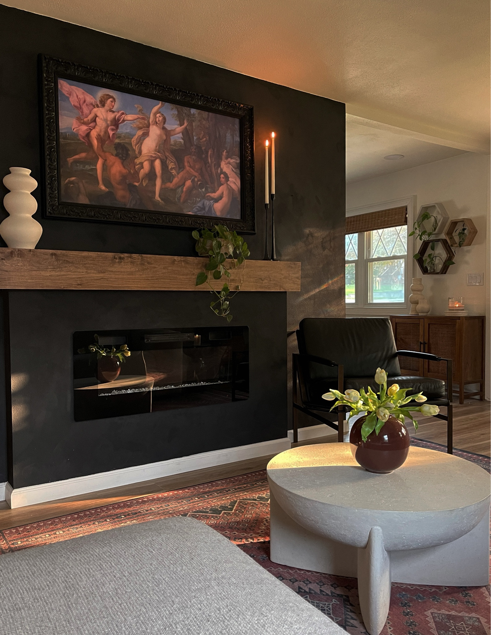 Limewash Paint details + rug, furniture, tv frame, and fireplace links