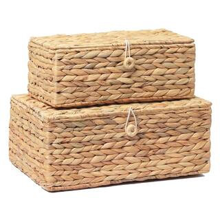 Set of 2 Rectangular Wicker Storage Bins with Lid, Rattan Basket Decorative Boxes, Brown | The Home Depot