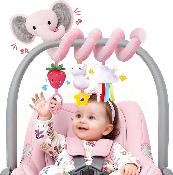 Spiral Car Seat Toys for Baby Girls 0-6 Months, Cute Pink Elephant Strawberry Stuff, Perfect Newb... | Amazon (US)