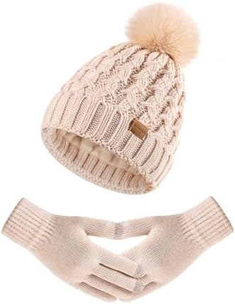 Women Winter Beanie Hat Gloves Set Pom Hat with Warm Fleece Lined Touchscreen Gloves for Cold Wea... | Amazon (US)