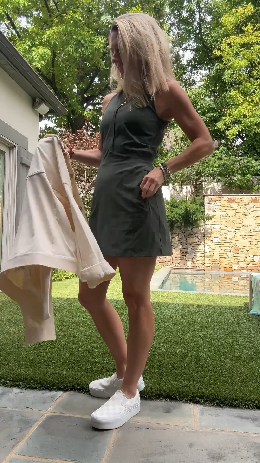The slim fitting summer dress for moms!  My favorite summer layering jacket and platform slip ons

#summeroutfit #activedress #sneakers
