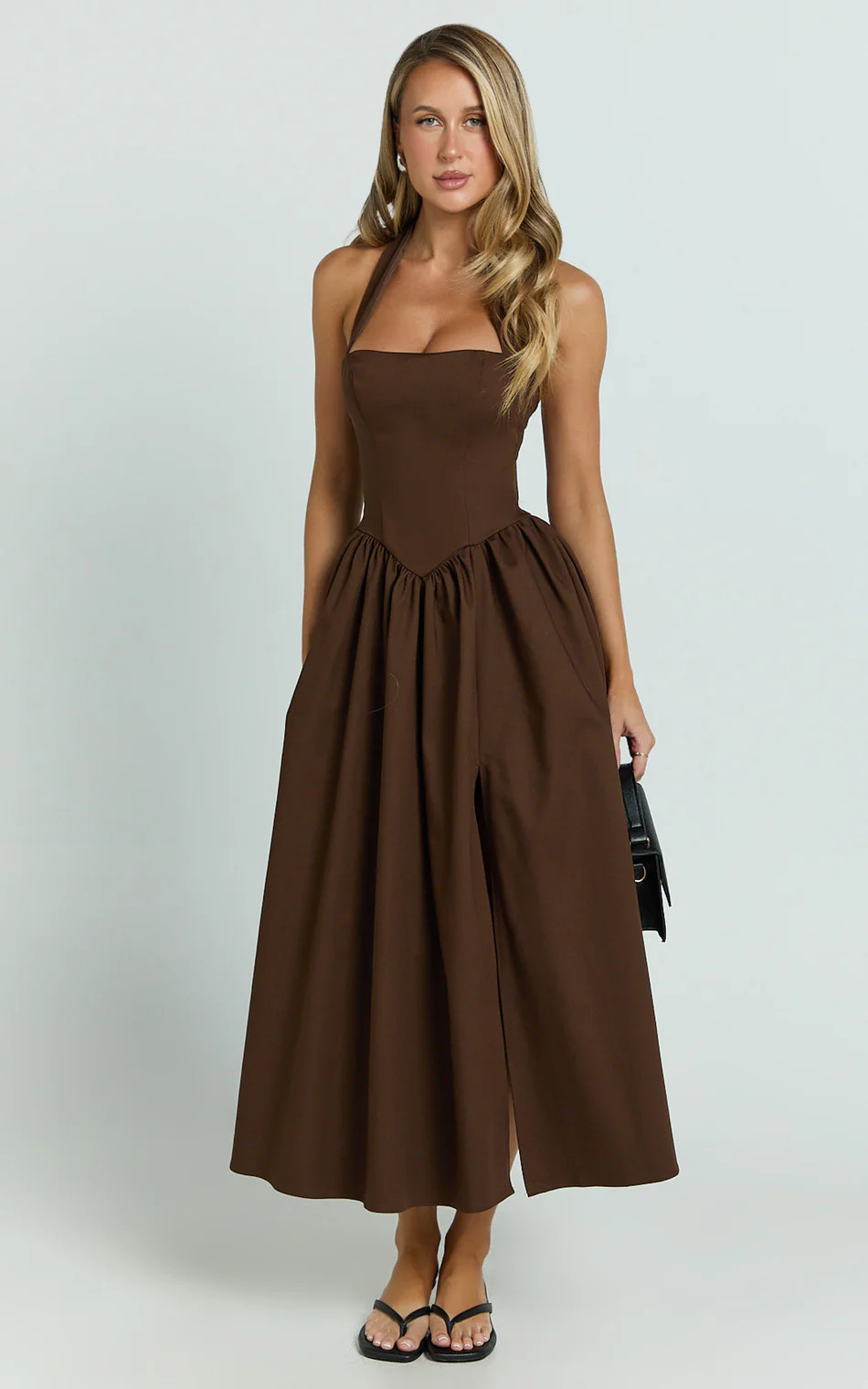 Helda Midi Dress - Halter Tie Neck Corset Panel Dress in Chocolate | Showpo (ANZ)