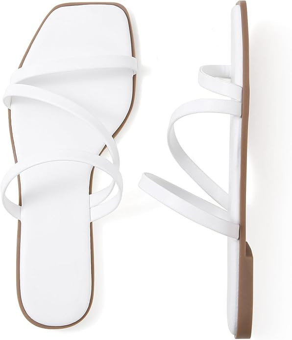 LACUONE Strappy Flat Sandals For Women Slip On Square Open Toe Slides Sandals | Amazon (US)