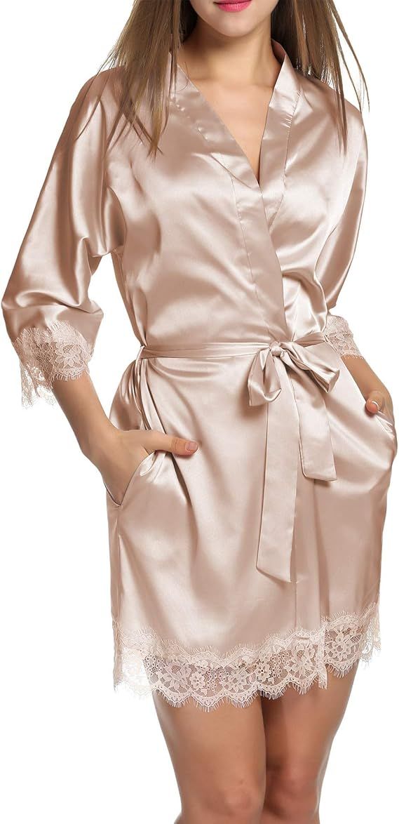 Hotouch Women's Bathrobes Short Satin Kimono Robes Bridesmaids Sleepwear with Oblique V-Neck S-XX... | Amazon (US)