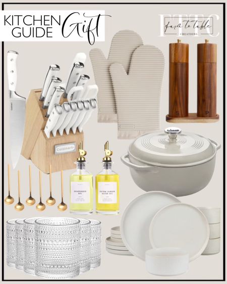 Kitchen Gift Guide. Follow @farmtotablecreations on Instagram for more inspiration. Hostess Gifts. Amazon Home Finds. Amazon Must Haves. Amazon Christmas Finds. Kitchen Necessities. Cuisinart 15-Piece Knife Set with Block, High Carbon Stainless Steel, Forged Triple Rivet, White. Amzcku Vintage Drinking Glass Set of 6 Kitchen Glasses Cup, for Water, Cocktail，Milk, Juice and Beverage. Lodge 6 Quart Enameled Cast Iron Dutch Oven with Lid – Dual Handles – Oven Safe up to 500° F or on Stovetop - Use to Marinate, Cook, Bake, Refrigerate and Serve – Oyster White. KitchenAid Ribbed Soft Silicone Oven Mitt Set, 7"x13", Milkshake 2 Count. Molimoli Olive Oil Dispenser Bottle for Kitchen, Oil Dispenser w. Weighted Pourer, Glass Bottle Dispenser for Kitchen, Olive Oil Cruet, Glass Olive Oil Bottle | 350ml, Set of 2. Yvake Wooden Salt and Pepper Grinder Set,8 Inch Manual Salt and Pepper Mill, Adjustable Coarseness and Refillable,Acacia Wood Pepper Grinder for your kitchen[Set of 2]. Limited-time deal: 6 PCS Espresso Spoons 18/8 Stainless Steel, 5.2 Inches Vogue Mini Teaspoons Set for Stirring Coffee, Dessert Cake, Ice Cream, Soup, Antipasto Cappuccino, Frosted Handle, Sweejar (Gold). Famiware Plates and Bowls for 4, 12 Piece Dishes, Full Glaze Matte White.

#LTKGiftGuide #LTKhome #LTKfindsunder50