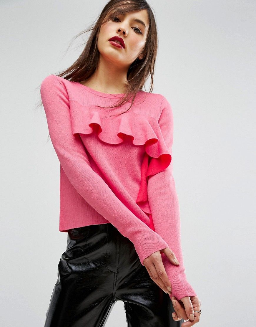 ASOS Sweater with Ruffle Front - Pink | ASOS US