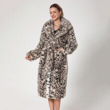 Women's Long Sleeve Fluffy Leopard Print Maxi Coat With Oversized Collar, Winter | SHEIN