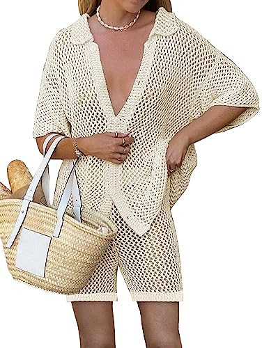 Famulily Short Sets for Women 2 Piece Knit Button Down Shirt and Shorts Summer ClothesTwo Piece Hollow Out Knit Sets Beige L | Amazon (US)